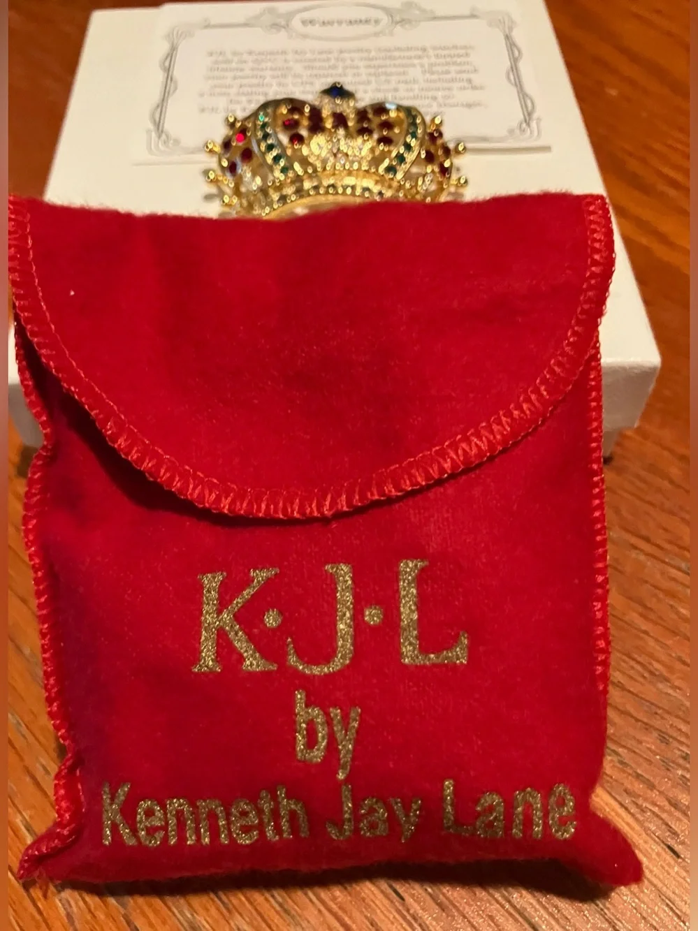 NEW Vintage Kenneth Jay Lane  Gold-Tone Crown Brooch with Red and Green Accents